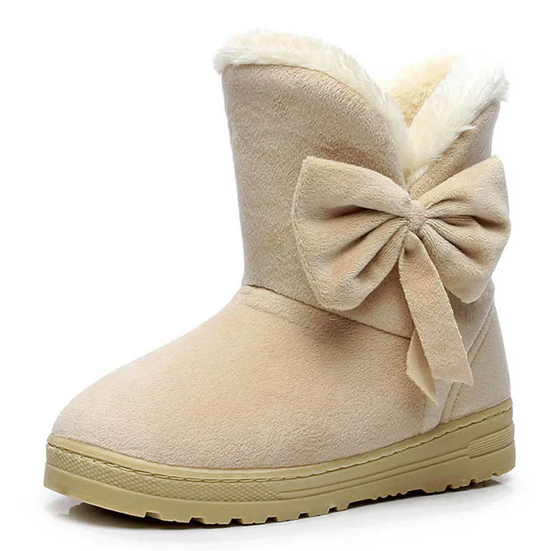 

Women Snow Boot Warm Pluse Winter Ankle Boots Female Bowtie Fur Suede Rubber Flat Slip On 2018 Fashion Platform Ladies Shoes