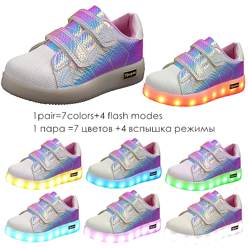 7ipupas USB 충전 어린이 신발 쉘 핑크 빛나는 스니커즈, LED 라이트 업, 소년 소녀 신발 바구니, 테니스 LED 발광 스니커즈