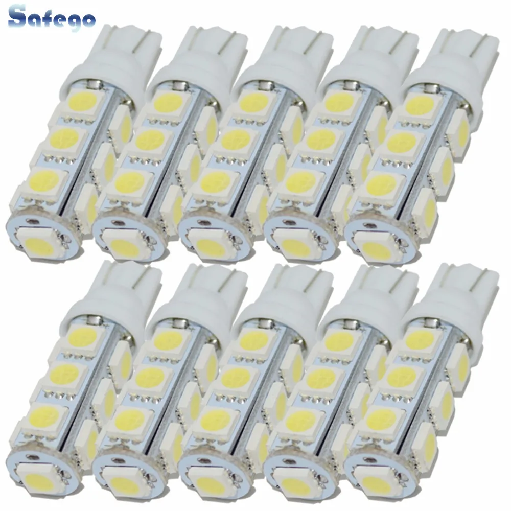 

Safego 10pcs Car led light T10 W5W LED Wedge Bulbs 194 168 T10 LED 13smd 5050 light 13SMD auto light reserve light led t10 White