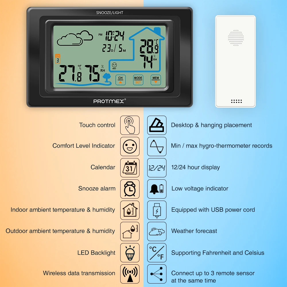 Protmex PT19A цветной экран, метеостанция, датчик, термометр, гигрометр, измеритель, цифровой датчик погоды, для помещений и улицы, для дома