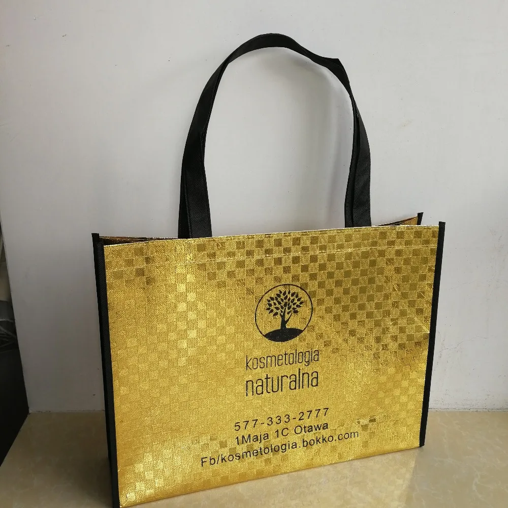 500 шт/лот на заказ PP блестящая лазерная Золотая Нетканая хозяйственная сумка рекламируемые сумки принять печать логотип для выставки
