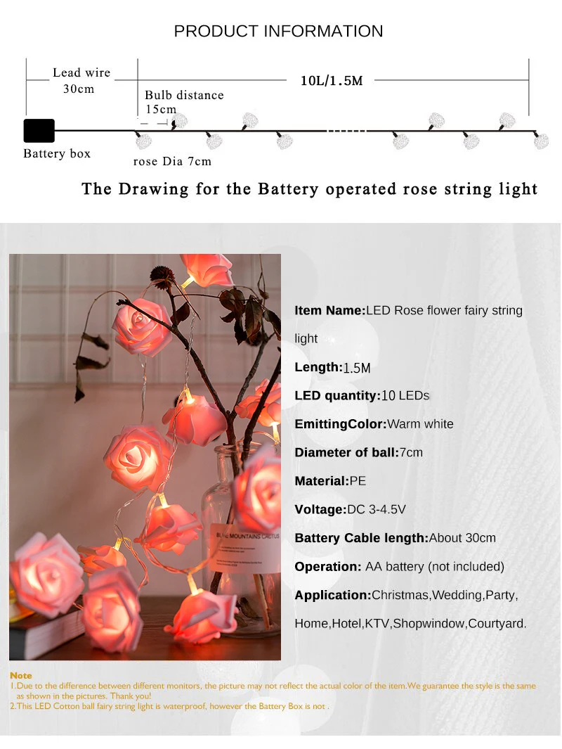 ROPIO 1,5 м светодиодный гирлянда с розами на батарейках, гирлянда для рождественских праздников, гирлянда на День святого Валентина, свадебное украшение, 10 светодиодный светильник