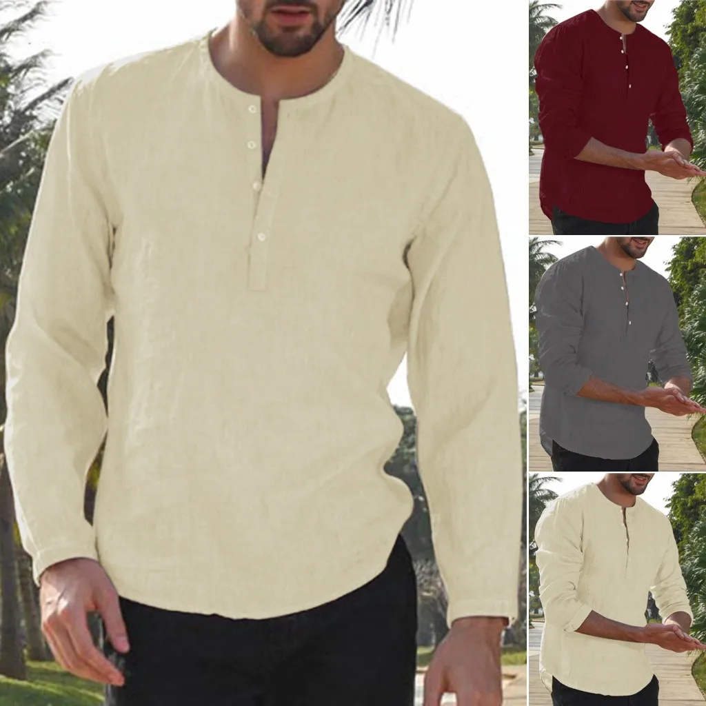 

M-3XL Men's Baggy Cotton Linen Solid Button Plus Size Long Sleeve Shirts Tops Blouses Men Clothing Soft Comfortable Men's Shirt