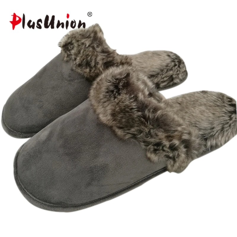 

Warm indoor brand solid faux fur slippers for men Winter soft flock grey house slipper home mens shoes adult autumn pantoufle
