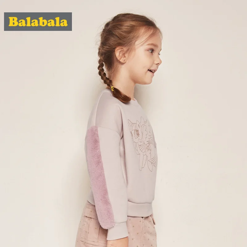 Kopen Balabala Meisjes Fleece Gevoerde Sweatshirt met Motief Faux Fur op Mouw Dropped Schouder Pull over Sweatshirt Geribde Manchetten en Zoom