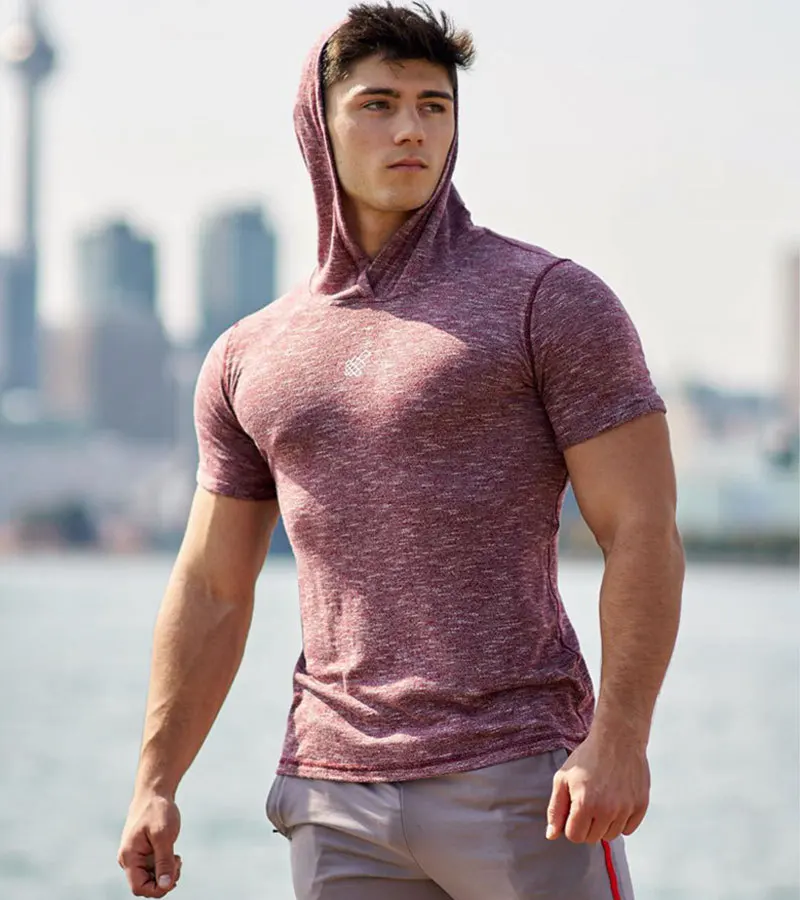 GYMNORTH брендовая мужская компрессионная рубашка с короткими рукавами, футболка с капюшоном для тренажерного зала, одежда для фитнеса, одноцветная быстросохнущая Мужская футболка