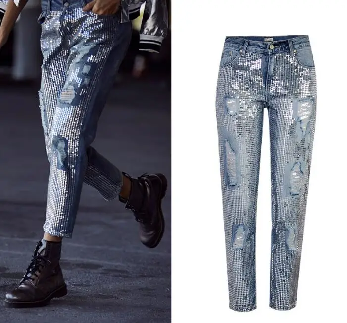 

European&American sequins ripped Jeans Fashion women straight-leg ninth Jeans Chic denim pants U316