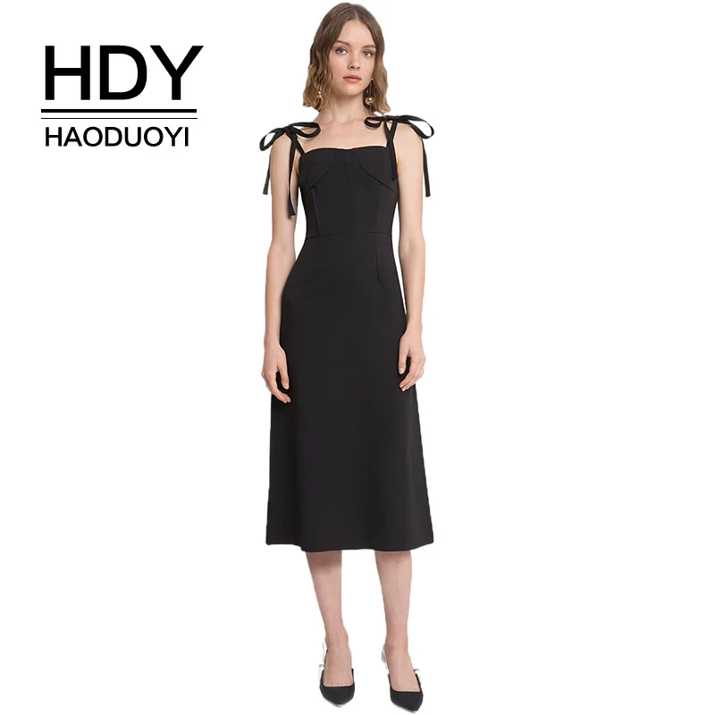 Женское платье Haoduoyi однотонное из органической кожи с бантом до середины икры на