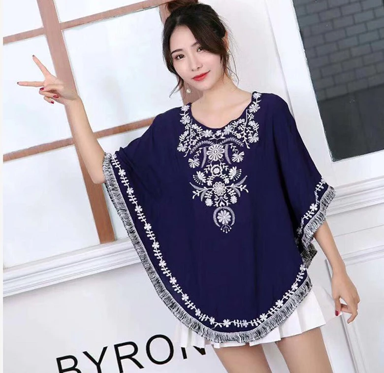 

Cheshanf 2019 New Summer Vintage Female Ethnic Mexican Floral Loose Shirt Tops Boho Cotton Batwing Woman Embroidery Blouse