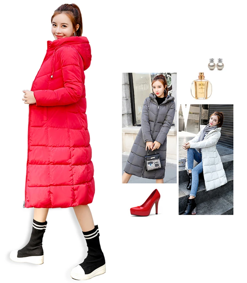 High quality Stand Collar Hooded Coat women Winter slim waist Warm Thicken long parkas plus size Solid Padded Parka 4XL