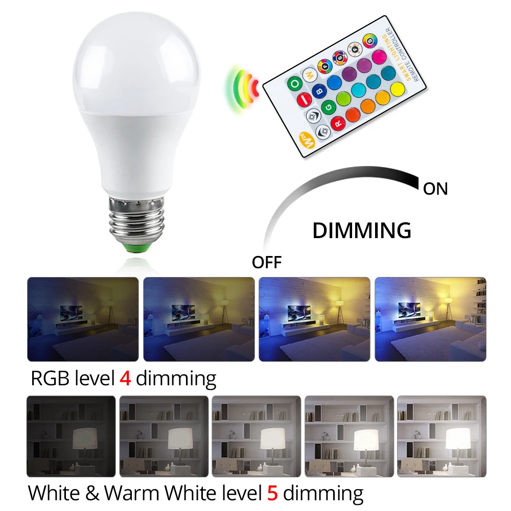 Foxanon Светодиодная лампа E27 RGB 5 Вт 7 10 15 RGBW умная затемняемая ампула LED для домашнего
