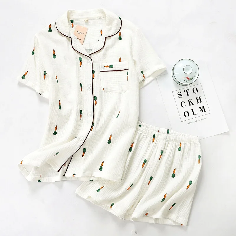 womens pyjama sets Women Pajamas Set Summer Comfort Gauze Cotton Turn-down Collar Sleepwear Set Ladies Thin Loose Cartoon Carrot Printed Homewear silk pjs