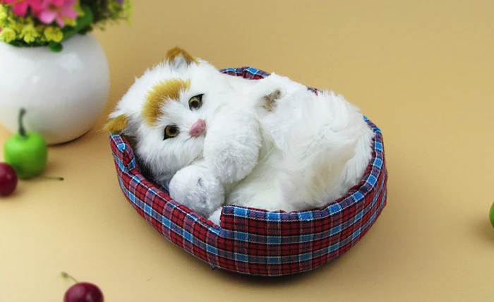 simulation cat model with mat,plastic&fur lying white cat with yellow head& ears,20x14 cm,sound miaow,decoration Xmas gift w5832