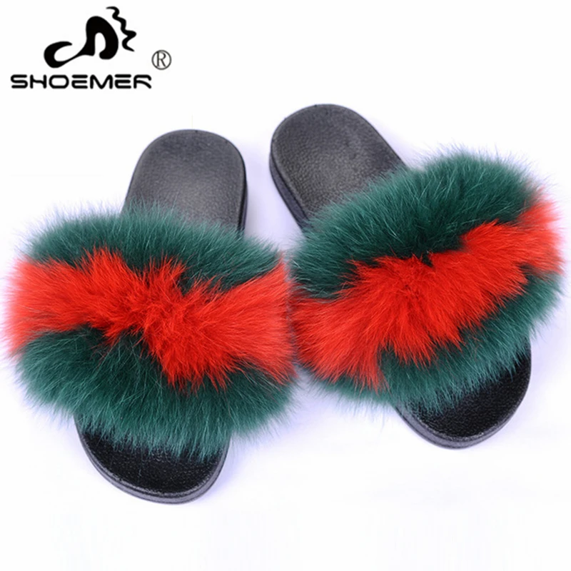 

SHOEMER Fur Slippers Women Real Fox Fur Slides Home Furry Flat Sandals Female Cute Fluffy House Shoes Woman Brand Luxury 2019