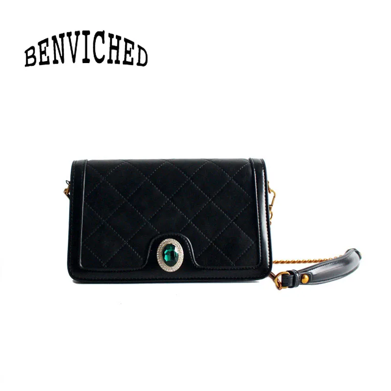 

BENVICHED Ladies' Cattle leather bag 2019 fashion retro Diamond grain Diamonds handbag chain Inclined single shoulder bag c399