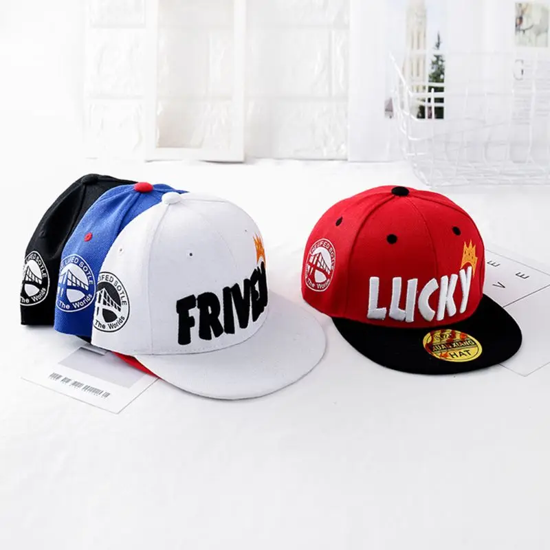 Child Kids Lucky Letter Crown Embroidery Baseball Cap Cartoon Hip-Hop Wide Flat Bill Sunscreen Adjustable Snapback Sun Hat 2-8T