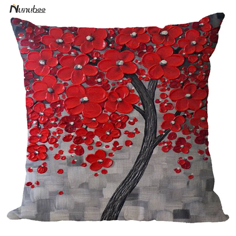 Floral PillowCase CushionCover red Flower Tree Design Cotton Linen