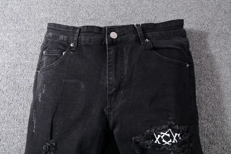 American Streetwear Fashion Men Jeans Black Color Destroyed Ripped Jeans Men Patches Designer Pants Hip Hop Skinny Jeans Men
