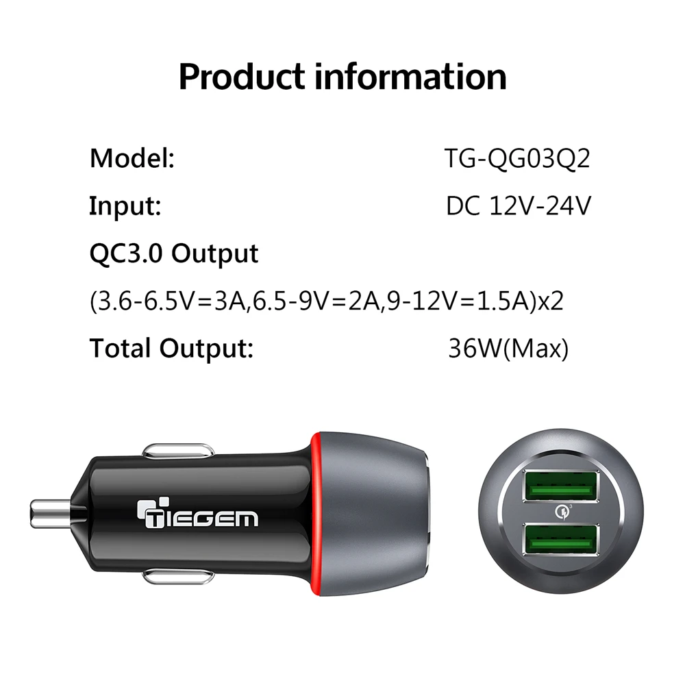 TIEGEM 36W Quick Charge 3,0 Dual USB Автомобильное зарядное устройство универсальное автомобильное зарядное устройство для путешествий зарядное устройство для мобильного телефона адаптер для iPhone X samsung