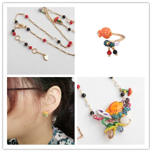 

Free shipping ocean series small goldenfish seaweed pearl earrings necklace for women