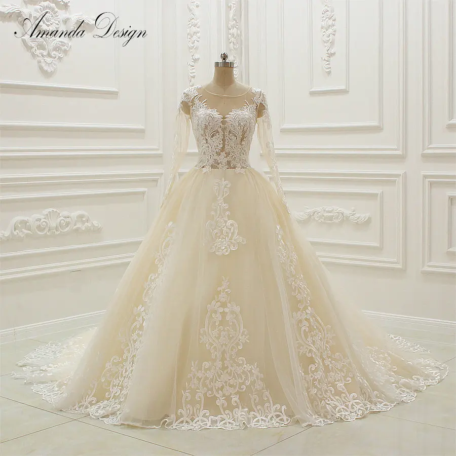 robe de mariee manche longue Long Sleeve Lace Applique Champagne