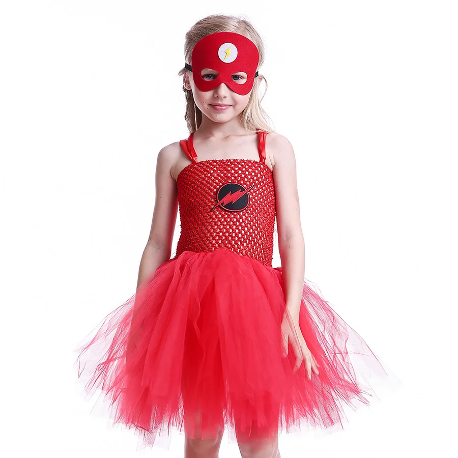 Girl Flash Halloween Tutu Dress with Mask Kids Red Superhero Cartoon Outfit Children (5)