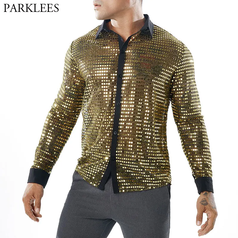 

Shiny Gold Sequin Glitter Embellished Transparent Shirt Men Sexy See Through Shirt For Male Nightclub Stage Prom Dance Chemise