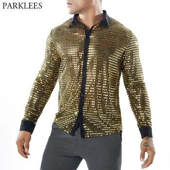 

Shiny Gold Sequin Glitter Embellished Transparent Shirt Men Sexy See Through Shirt For Male Nightclub Stage Prom Dance Chemise