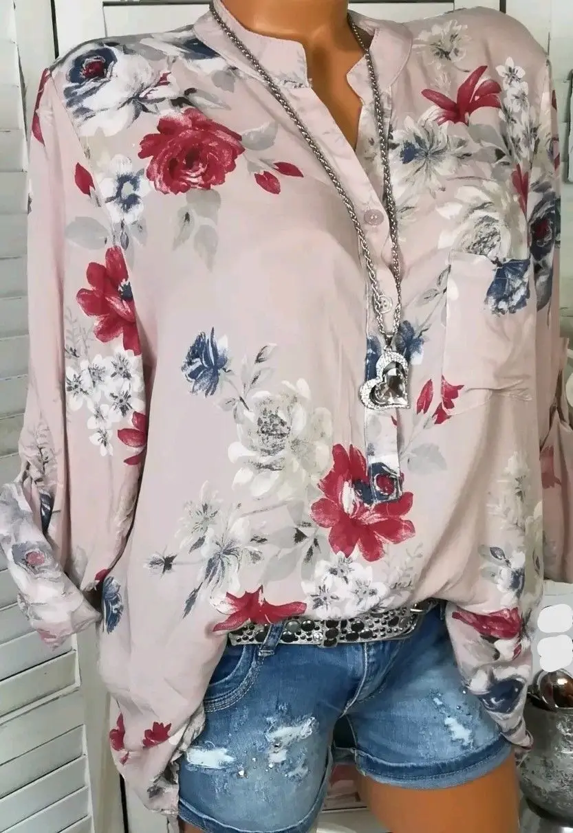 New Summer Autumn Women Shirts V-neck Adjustable Long-sleeved Shirts Floral Printed Fashion Tops Clothing Plus Size 5XL Blouses