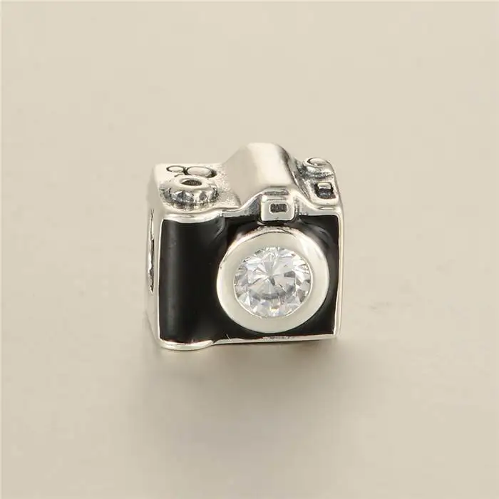 

925 Sterling Silver Black Enamel Camera Charm Beads with AAA Cubic Zirconia Fit Brand Charm Bracelets DIY Jewelry Making
