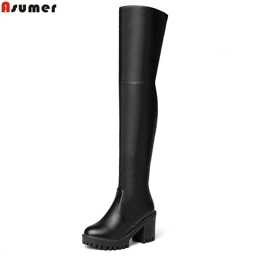 

Asumer black new arrive women boots flock pu leather autumn winter ladies boots square heel platform over the knee boots