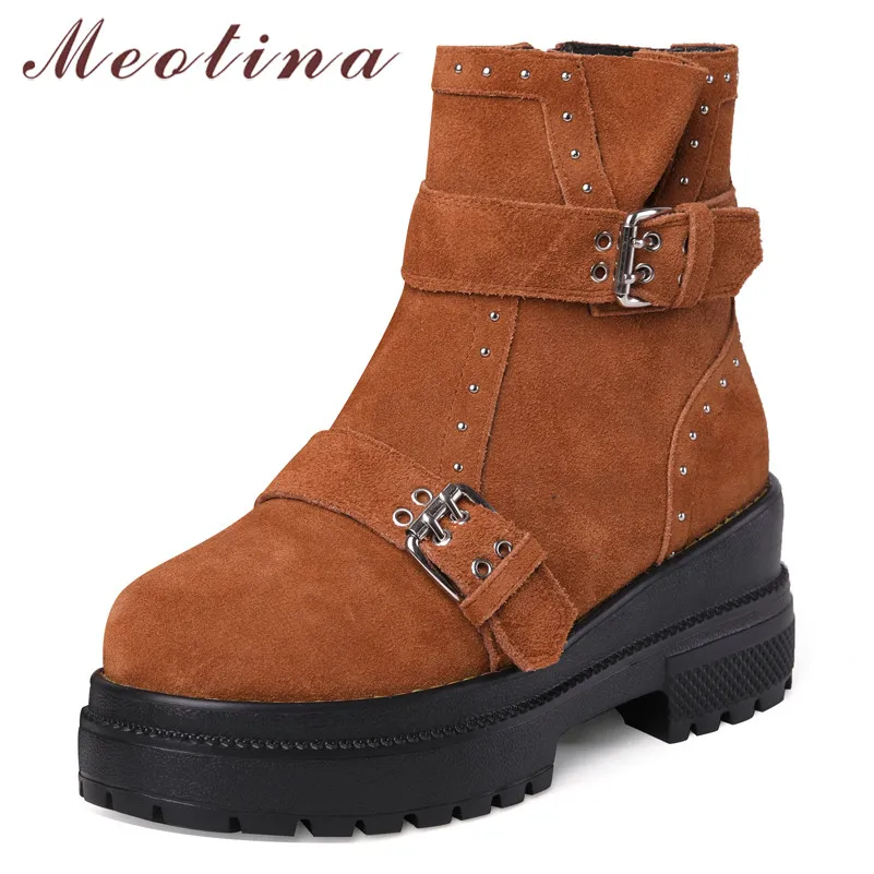 

Meotina Winter Ankle Boots Women Genuine Leather Buckle Flat Platform Short Boots Cow Suede Rivets Zip Shoes Ladies Fall Size 39