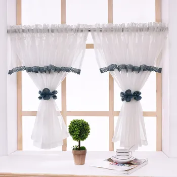 

Japanese and Korean Garden Mediterranean White Half Curtain Kitchen Panels Blue Lace Coffee Curtain For Bay Window DL017#40