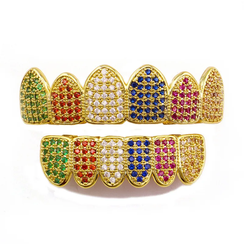 Gold plated large diamond studded hip hop gold braces Mouth Teeth Grillz Caps Top & Bottom Grill