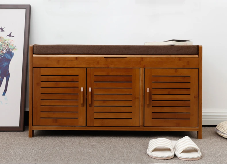 Natural Bamboo Shoe Cabinet Entryway Shoe Storage Household Shelf Shoe Bench with Cushion Bamboo Furniture Hallway Shoe Cabinet