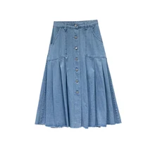 Pengpious летняя новая модная хлопчатобумажная юбка из денима плиссированная винтажная Женская юбка с высокой талией и медными пуговицами