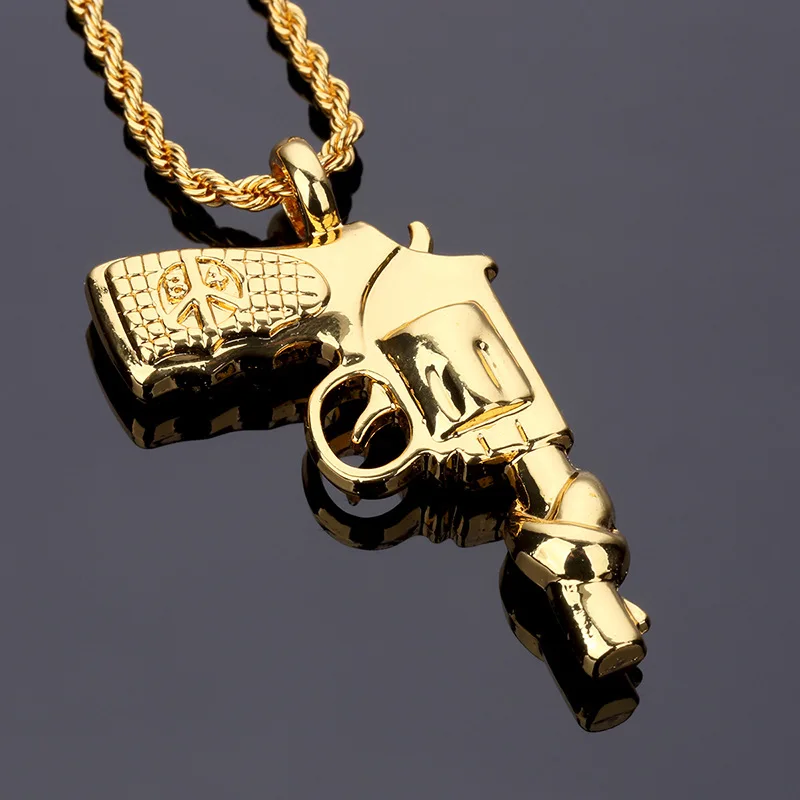 Wholesale Golden Bling Pistol Gun Pendants Hip Hop Rock Jewelry Chains Men Women Charm
