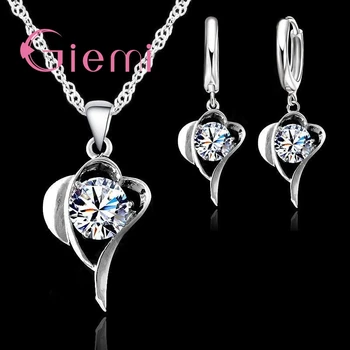 

High Quality Fast Shipping 925 Sterling Silver Romantic Love Heart Shape Earring Necklace for Lovely Women and CZ