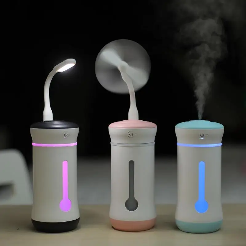 

3 in 1 Multi-function 300ml Ultrasonic Air Humidifier+USB Small Fan+ED Light Portable Mini Mute Essential Oil Diffuser for Home