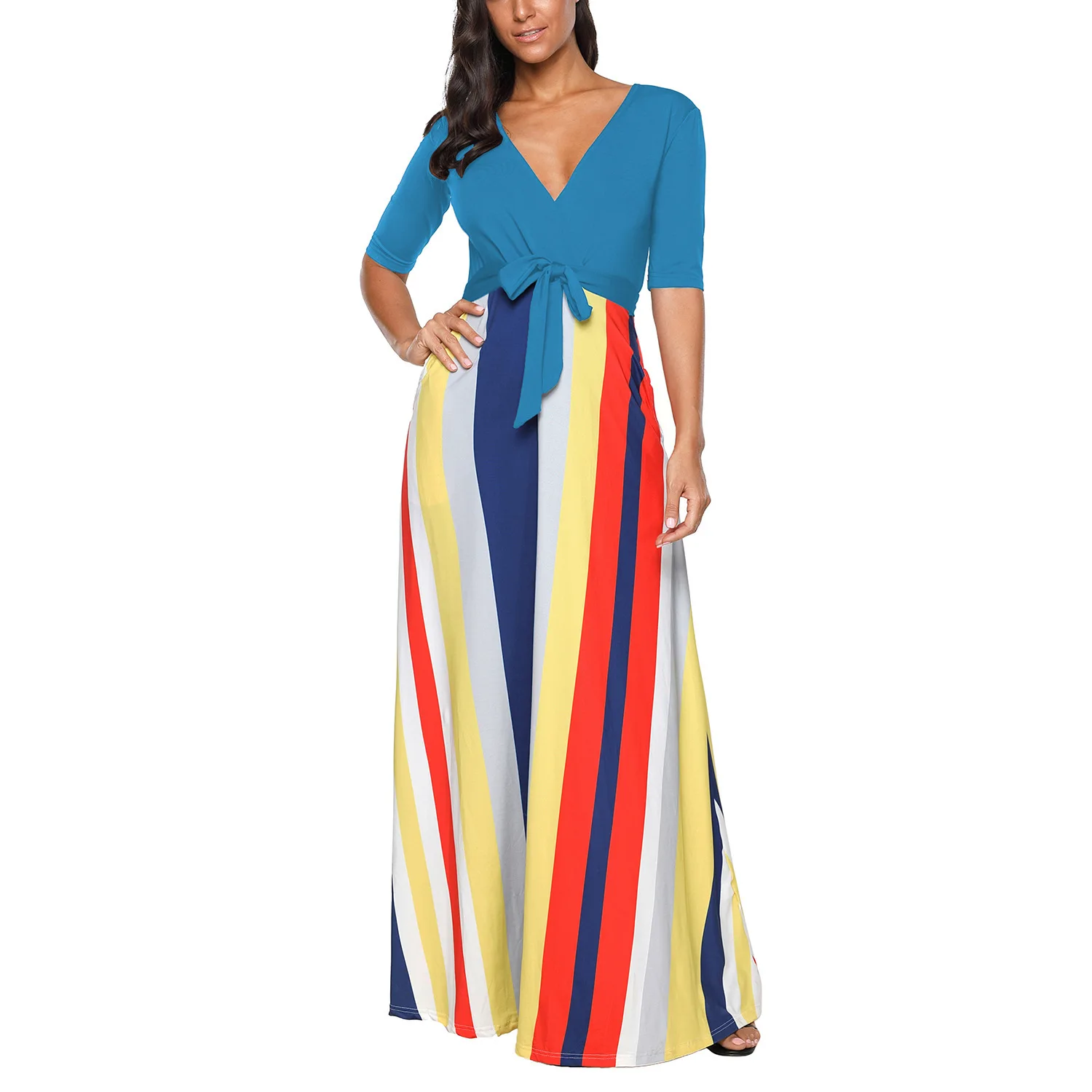 Summer Large Size Half Sleeve V-Neck Women's Maxi Dress Sexy Modal Long Loose Casual Striped Fashion Patchwork Dress