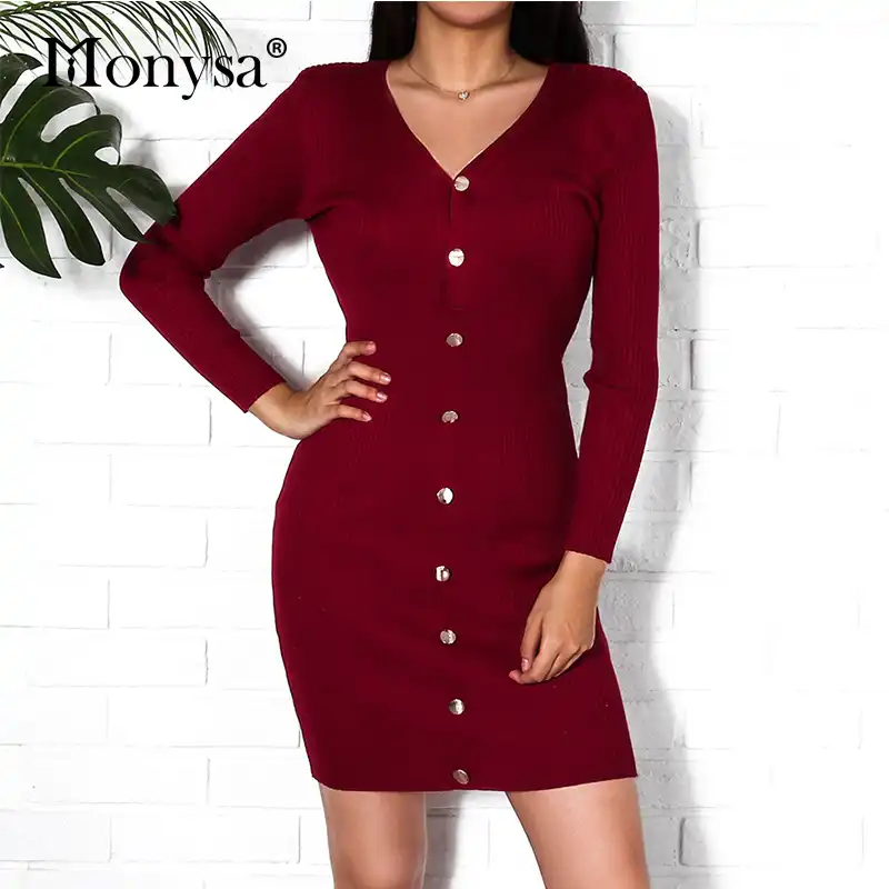 red v neck sweater dress
