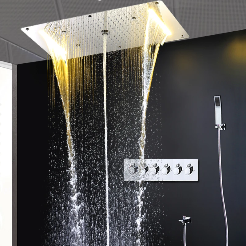 

New bathroom accessories led rain shower head set ceiling recessed with luxury shower system waterfall mist colum