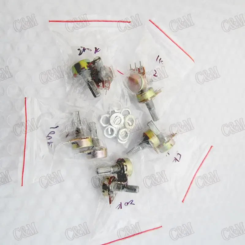 

10kinds=150pcs single side 15mm WH148 1k,2k,5k,10k,20k,50k,100k,250k,500k,1M(Optional) Ohm Liner Taper Potentiometer