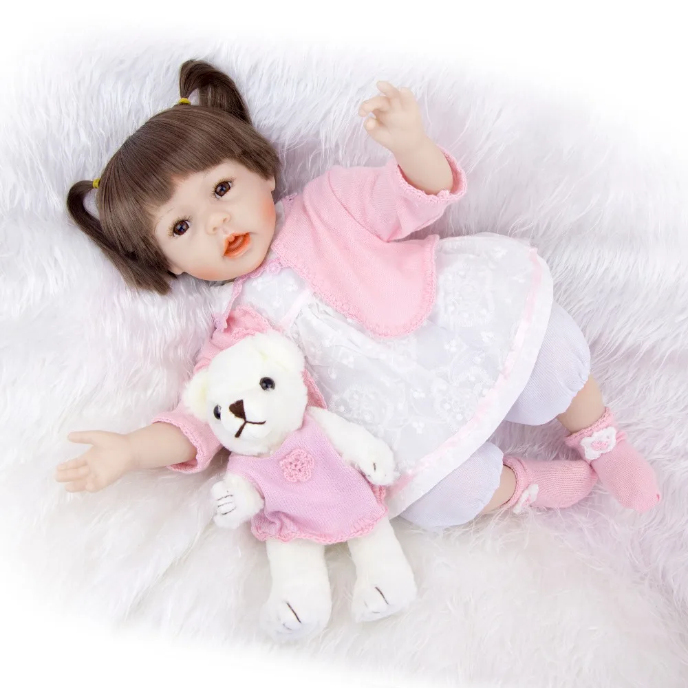 

open mouth little girl baby doll bebes reborn silicone doll 47cm 100% Non-toxic cloth body Straight hair dolls children toy gift