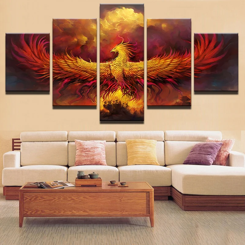 Холст абстрактная живопись модульная настенная живопись 5 шт. огонь феникс птица картины гостиная домашний декор HD Печатный плакат рамки