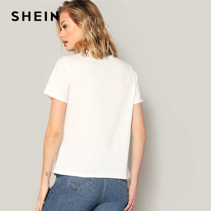 SHEIN الأبيض الزهور المطرزة قصيرة الأكمام المحملة 2019 الصيف النساء الحد الأدنى جولة الرقبة Highstreet قصيرة الأكمام التي شيرت قمم