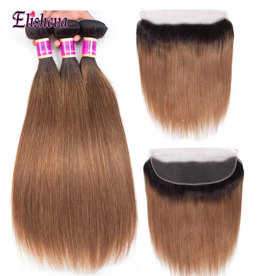 Elisheva Malaysian Human Hair Straight Ombre Bundles with Frontal Closure 1B/30 Nonremy Lace With |