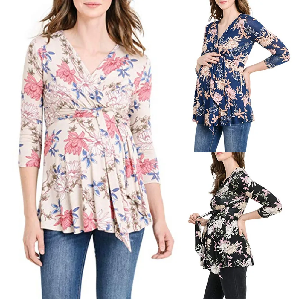 

YOUYEDIAN 2018 Women Floral Print Maternity Long Sleeve shirt Bottom Pregnant Tops Blouse
