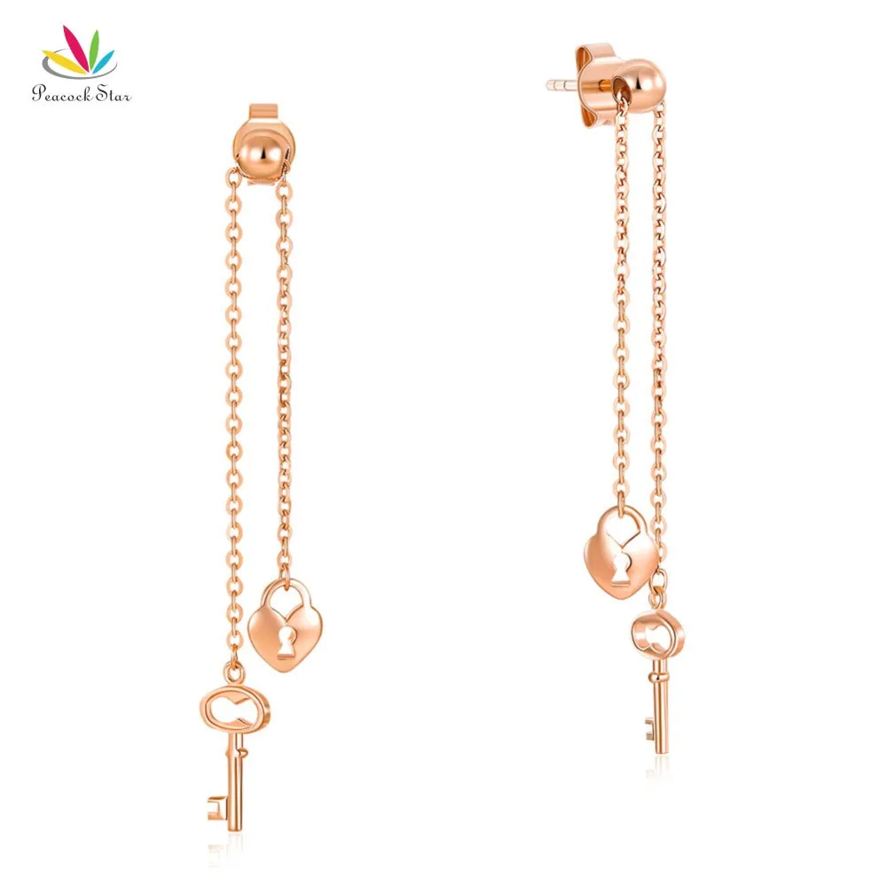 

Real Solid 18K Rose Gold Long Line Earrings Drop Dangle Key Lock Simple Elegant