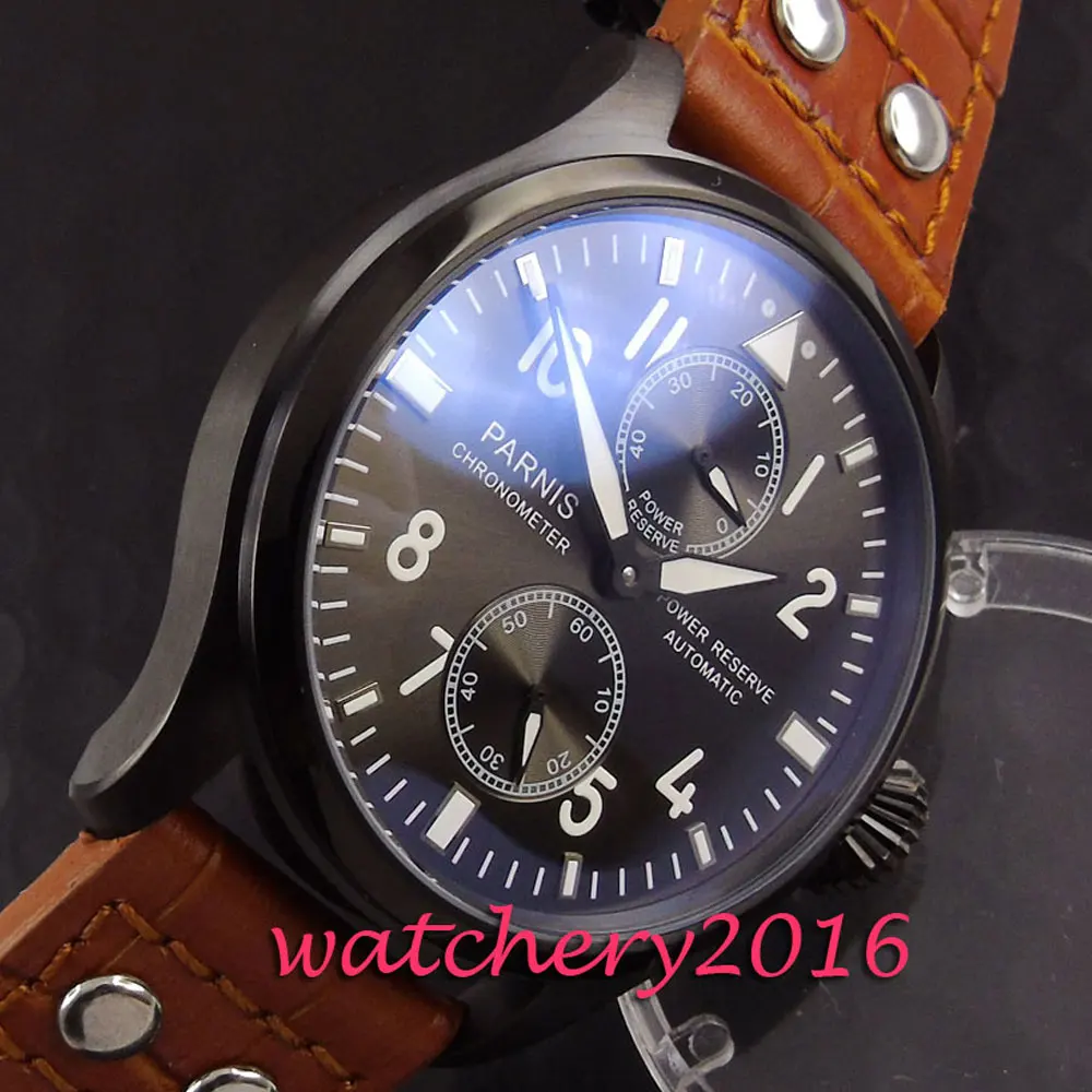 

Fashion casual Luxury 47mm Parnis black dial black PVD case leather strap power reserve Automatic Mechanical Mens Wristwatches